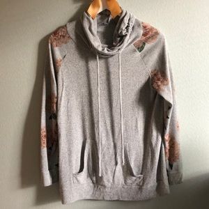 Gray cowl neck hoodie with floral detail